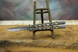 Jackson Damascus Etched  tooled Drilled Butterfly Balisong Flip Knife