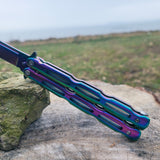 Chain Link Butterfly Bali Song Flip Knife Titanium Rainbow