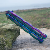 Chain Link Butterfly Bali Song Flip Knife Titanium Rainbow