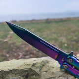 Chain Link Butterfly Bali Song Flip Knife Titanium Rainbow