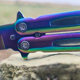 Chain Link Butterfly Bali Song Flip Knife Titanium Rainbow