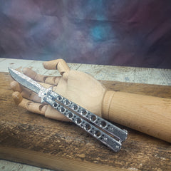 Jackson Damascus Etched  tooled Drilled Butterfly Balisong Flip Knife